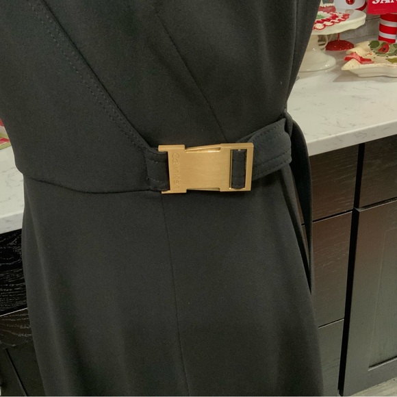 Calvin Klein Elegant Black Fit & Flare Dress Size 6 Side Buckle Quiet Luxury New - Picture 3 of 15